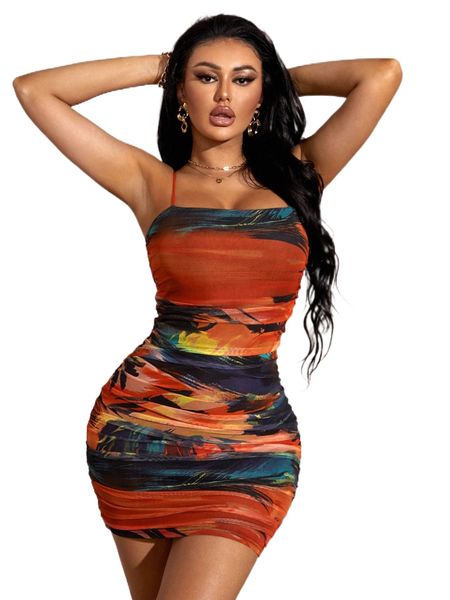 

sxy allover print ruched cami bodycon dress r3zz#, Black;gray