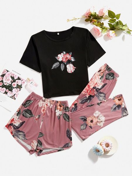 

floral print tee & shorts & pants pj set 292k#, Black;red