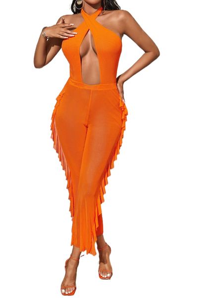 

sxy cross wrap ruffle trim mesh halter jumpsuit 82zt#, Black;white