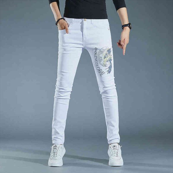 

men's jeans 2022 spring and summer high-end white drill denim mid waist trend pants micro elastic youth cotton casual 5fra, Blue