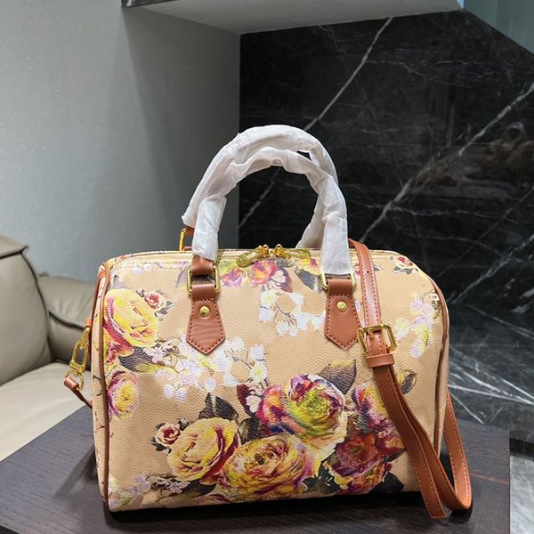 

bags totes floral speedy tote pillow crossbody women handbag purse coated canvas leather trim large capacity pocket letters double zipper ha