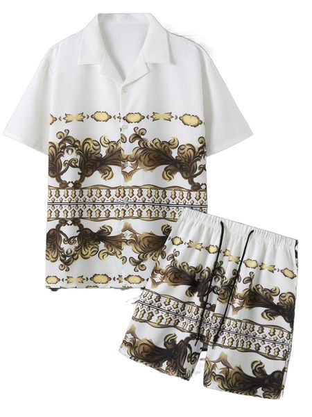 

men baroque print shirt & drawstring waist shorts u5a7#, Gray