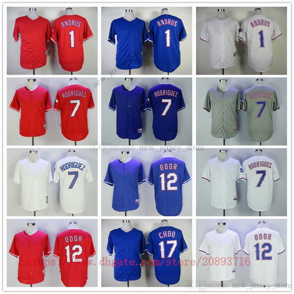 Filme Vintage Baseball Jerseys Usa Costurado 1 ElvisAndrus 7 IvanRodriguez 12 RougnedOdor # 17 Todos Costurados Nome Número Respirável Esporte Jersey de Alta Qualidade