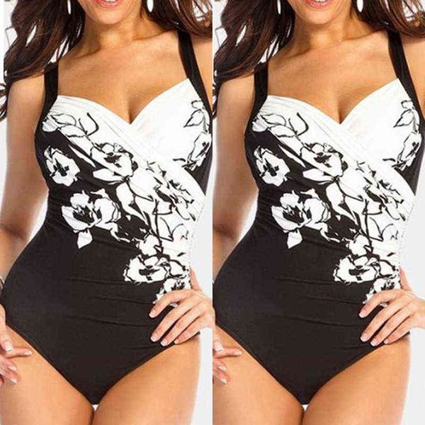 

printed white pattern women's fattening one-piece swimsuit, White;black