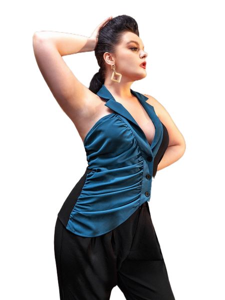 

x valeria nicole plus two tone lapel neck ruched halter 95pz#, Black