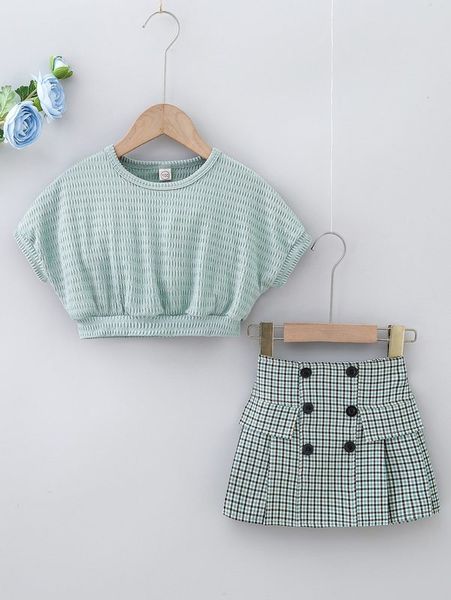 

little girl's bat sleeve and plaid false button skirt she, White