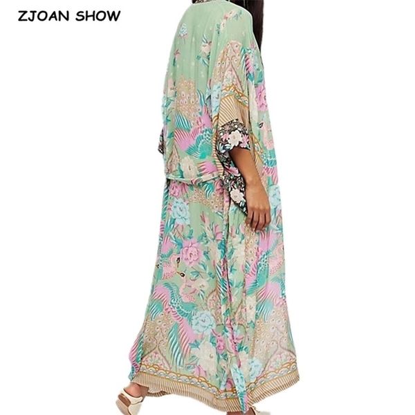Bohemian v pescoço pavão impressão de flor longa camisa de quimono étnico cacho de bloqueio de faixas longas blusas de blusa solta femme 210401