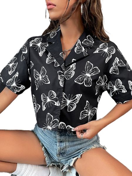 

butterfly print lapel collar drop shoulder shirt 09lr#, White