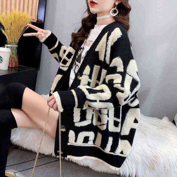 

women's sweaters winter knitted letter cardigan sweater coat 2021 new thickened cute cartoon embroidery v-neck cardigan women's ja, White;black