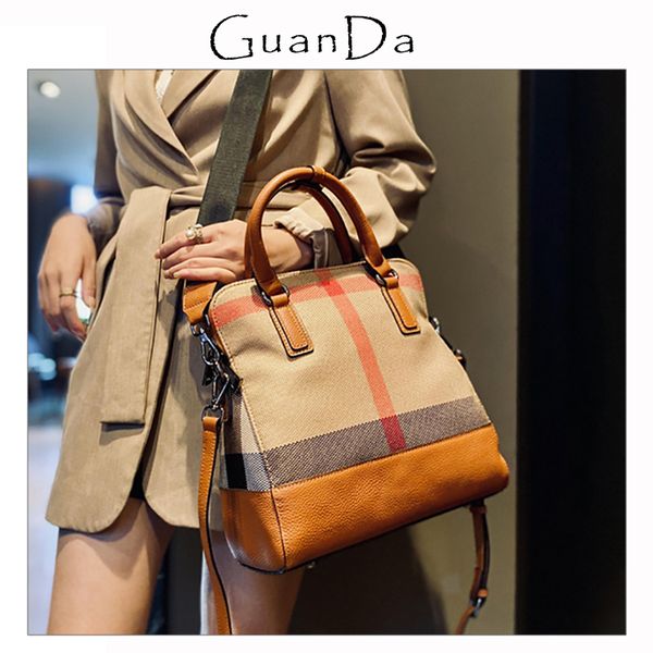 

large capacity women handbags fashion luxury ol business female briefcase tote korean stripes plaid canvas leather shoulder bag