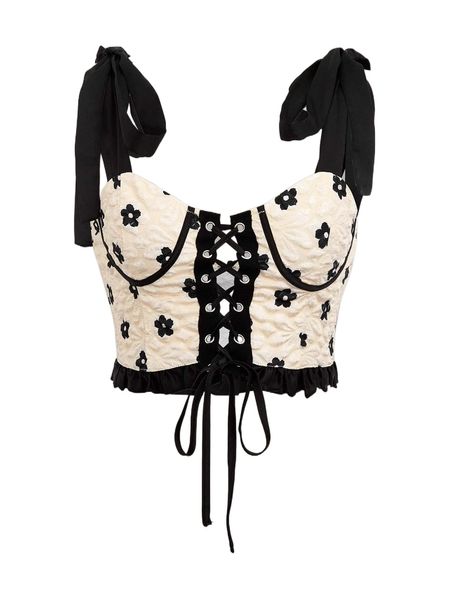 

knot strap lace up front floral jacquard crop cami h5cw#, White