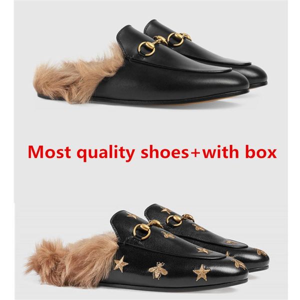 

2019 designer luxury princetown realy leather metal buckle slippers low with half slippers women shoes warm wool slippers us5-us10180x, Black