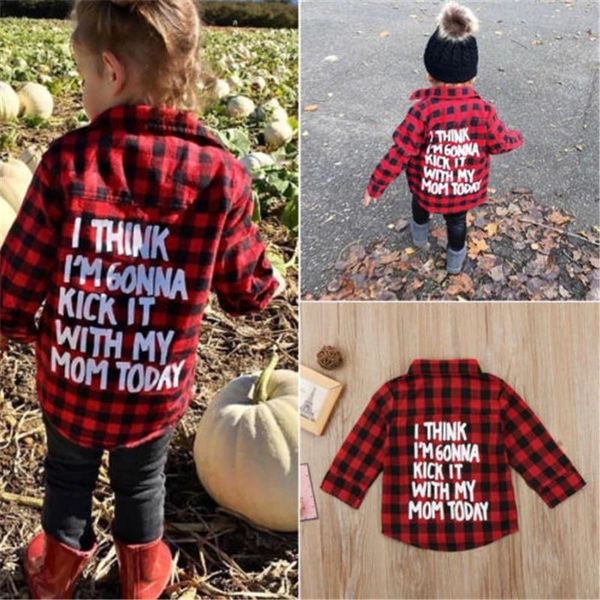 

baby boy girl long sleeve plaids shirt red black lattice blouse casual outwear letter print coat kids clothing, Blue;gray