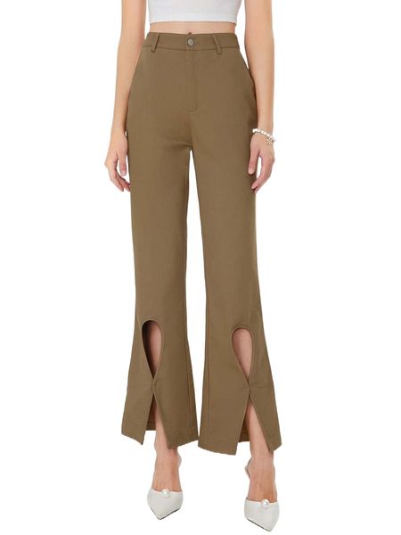 

mod cut out split hem flare leg pants u2c4#, Black;white