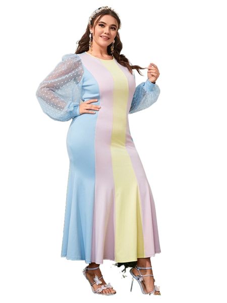 

plus colorblock contrast dobby mesh lantern sleeve mermaid hem dress e3ia#, Black