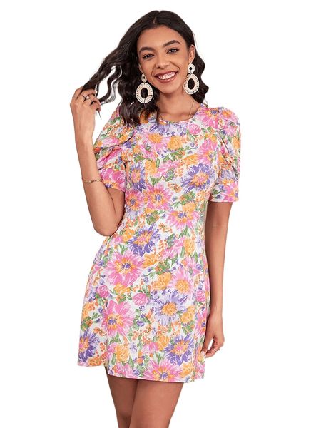 

floral print puff sleeve tie back dress w08m#, Black;gray