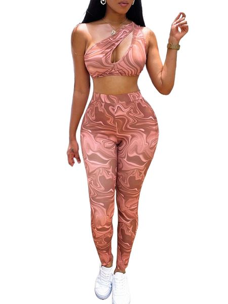

sxy random marble print one shoulder cut out crop & leggings n0fy#, White
