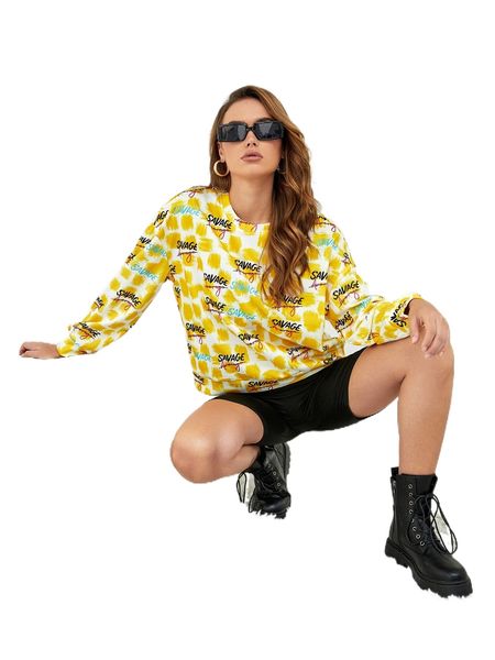 

x colour poetry allover print drop shoulder sweatshirt c5k1#, Black