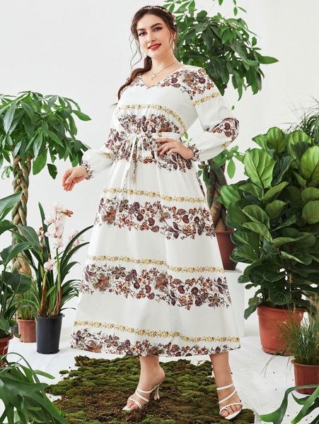 

plus floral print lantern sleeve belted dress 86id#, Black