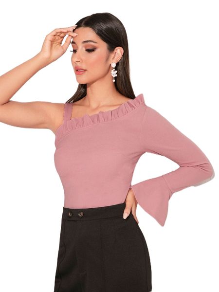 

modely asymmetrical neck frill trim flounce sleeve tee n6pp#, White
