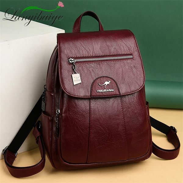 

women leather backpacks female vintage backpack for girls school bag travel bagpack ladies sac a dos back pack 220514