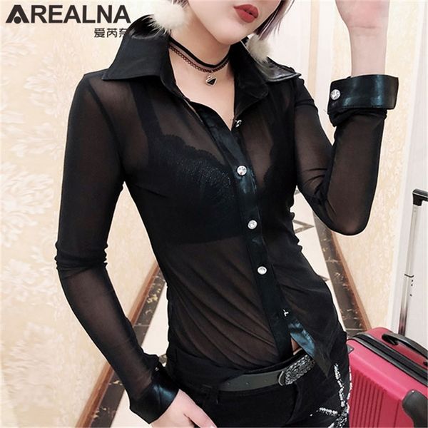 

mesh transparent summer blouse women kimono cardigan long sleeve slim button up shirt nightclub see through sheer 220516, White