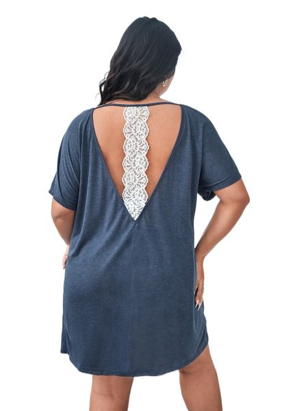 

plus contrast lace batwing sleeve night dress n8et#, Black;white