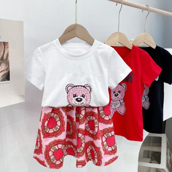 

sets girl set summer children's girls short sleeve t-shirt+paint skirts 2 peice suit baby, White