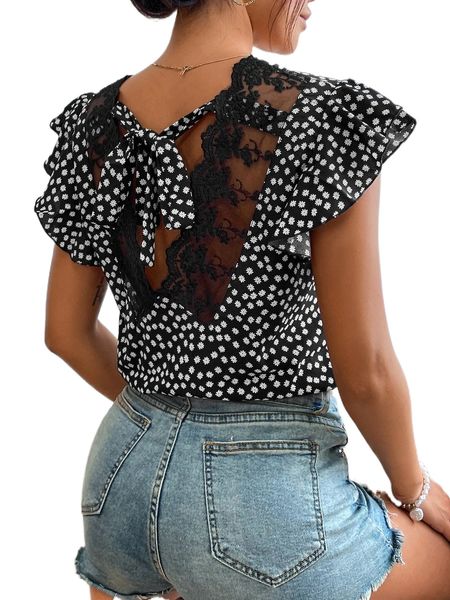 

ditsy floral contrast lace tie back blouse 67ze#, White