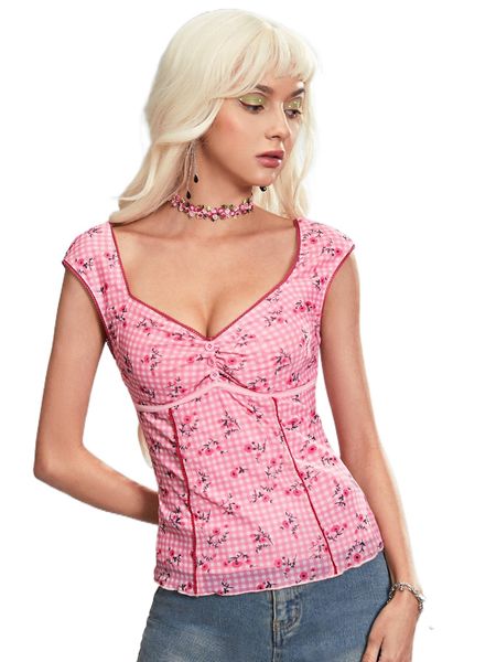 

floral & plaid print sweetheart neckline d48m#, White