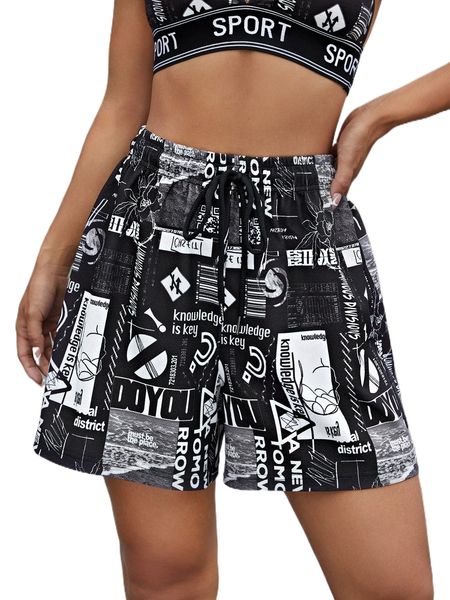 

slogan graphic drawstring waist shorts k3qm#, White;black