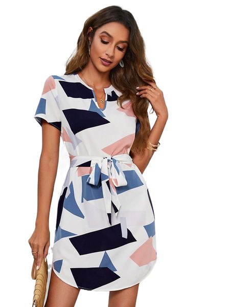 

geo print notched neckline curved hem belted dress p3qm#, Black;gray