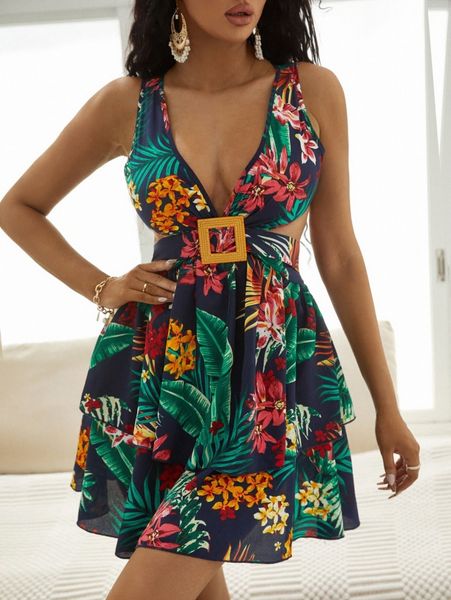 

sxy tropical print cutout belted layered hem dress y1pt#, Black;gray