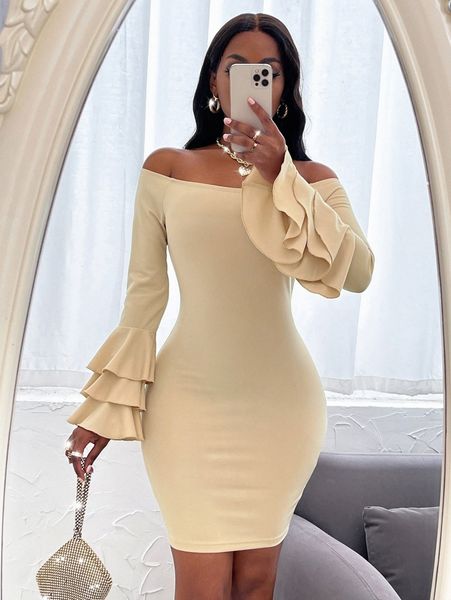 

off shoulder layered sleeve bodycon dress o1fk#, Black;gray