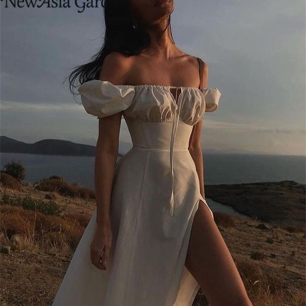 

asia puff sleeve white dress off shoulder cut out tie up side split ruched long dress robe femme summer dress for women 220511, Black;gray