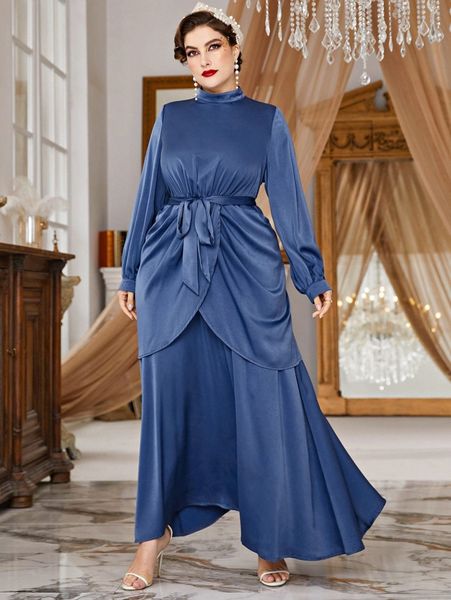 

plus mock neck bishop sleeve peplum waist belted satin dress b0mh#, Black