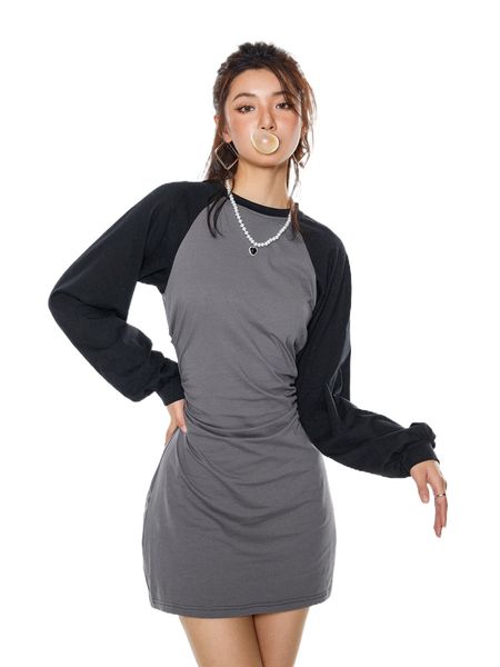 

dazy colorblock raglan sleeve ruched fitted dress i9y0#, Black;gray