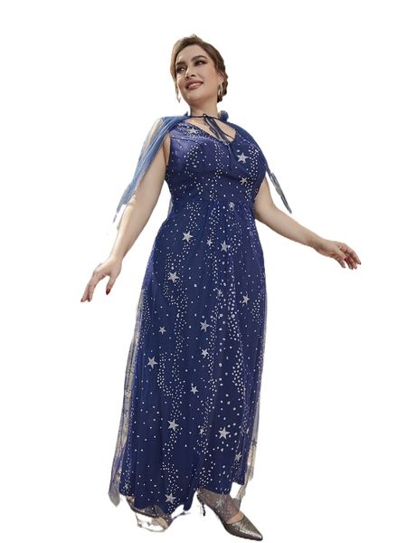 

plus galaxy print mesh overlay formal dress with cape 06kd#, Black