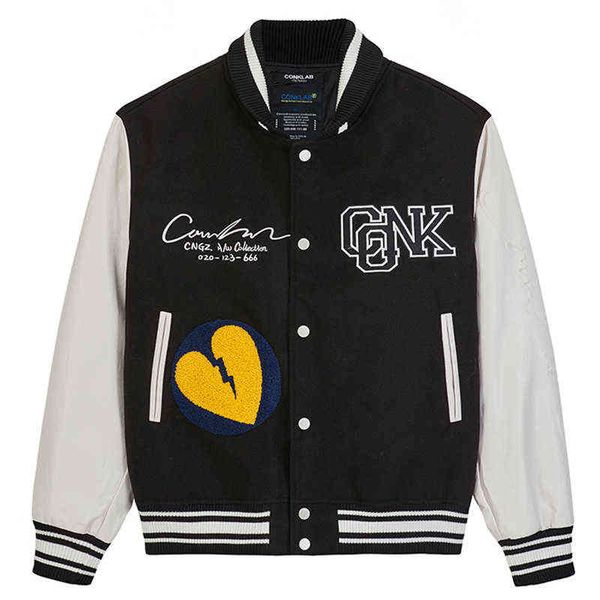 

2021 new hip hop jacket men baseball coats letters love flocking patchwork color block casual jacket womens harajuku streetwear t220728, Black;brown