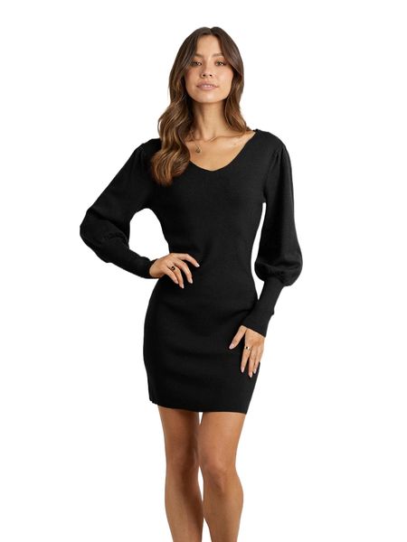 

guipure lace panel tie back lantern sleeve sweater dress v430#, White;black