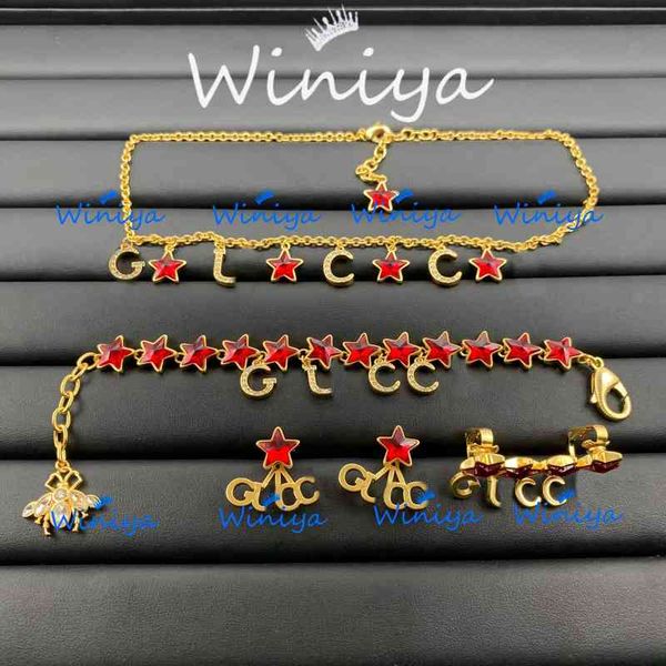 

retro extravagant gold-plated jewelry set double g pendant necklace diamond inlaid bracelet bee ear clip fashion 925 silver earrings for wom, Black