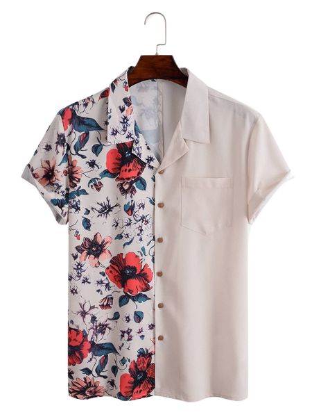 

men floral print patched pocket shirt l0cj#, White;black