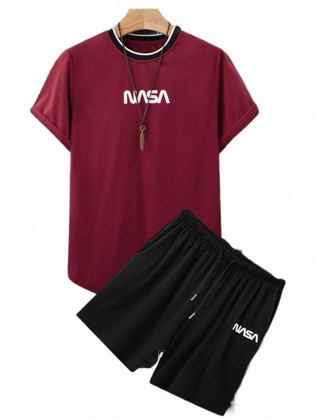 

men letter graphic striped trim tee & drawstring waist shorts r1ij#, Gray