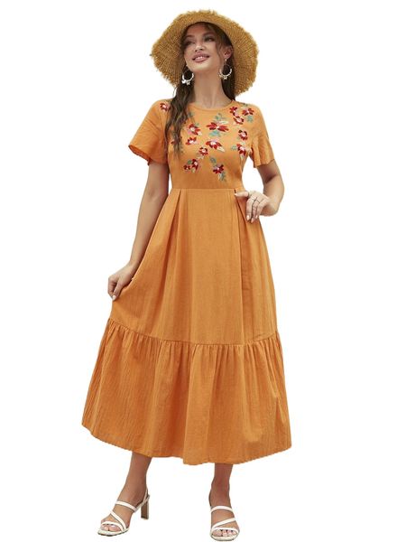 

floral embroidery butterfly sleeve ruffle hem dress z2bb#, Black;gray