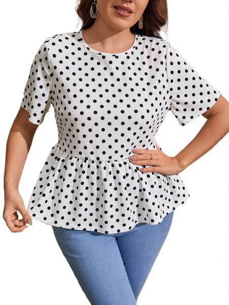 

plus polka dot ruffle hem tee w4gp#, Black