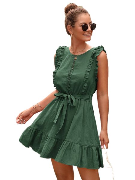 

guipure lace detail ruffle trim belted dress j5fs#, Black;gray