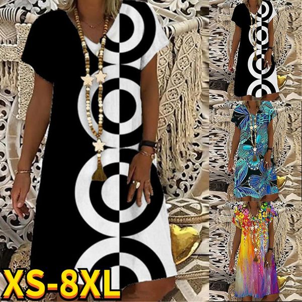 

casual dresses 2022 summer women's abstract printed painting dress v neck knee length 3d plus size design black blue, Black;gray