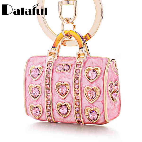 Dalaful Enamel Crystal Heart HandBag Keychains Stylish Purse Bag Buckle Pendant For Car Keyrings key chains holder women K234 AA220318