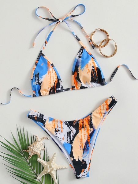 

allover print halter triangle bikini swimsuit x7tq#, White;black