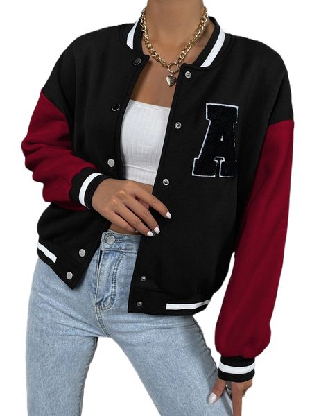 

letter patch detail drop shoulder colorblock bomber jacket k2kx#, Black;brown